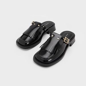 Charles & Keith | Studded Cut-Out Fringe Mules - Black | Size 7 | New in Box